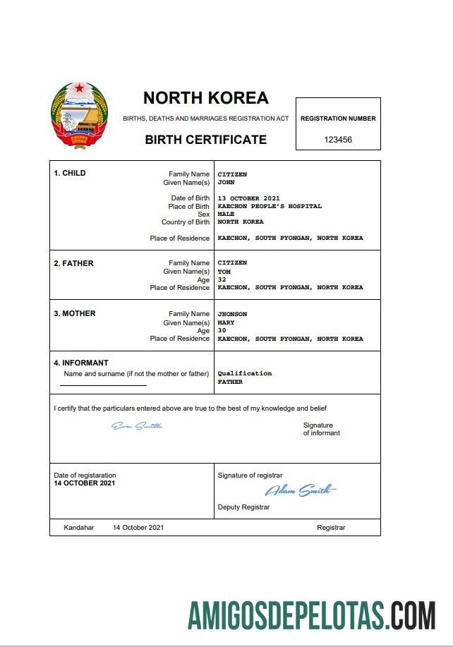 Imprimível modelo Word e PDF de certidão de nascimento da Coreia do Norte